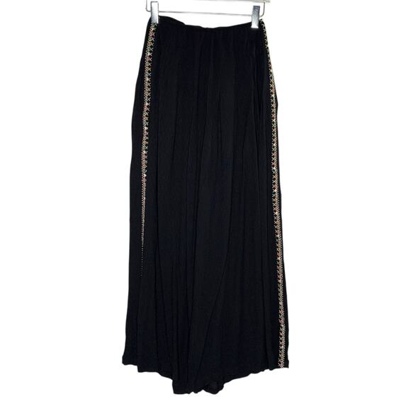 Free People 4 Womens Black Embroidered Detail Wide Leg Pants Gauzy Boho - Picture 2 of 11